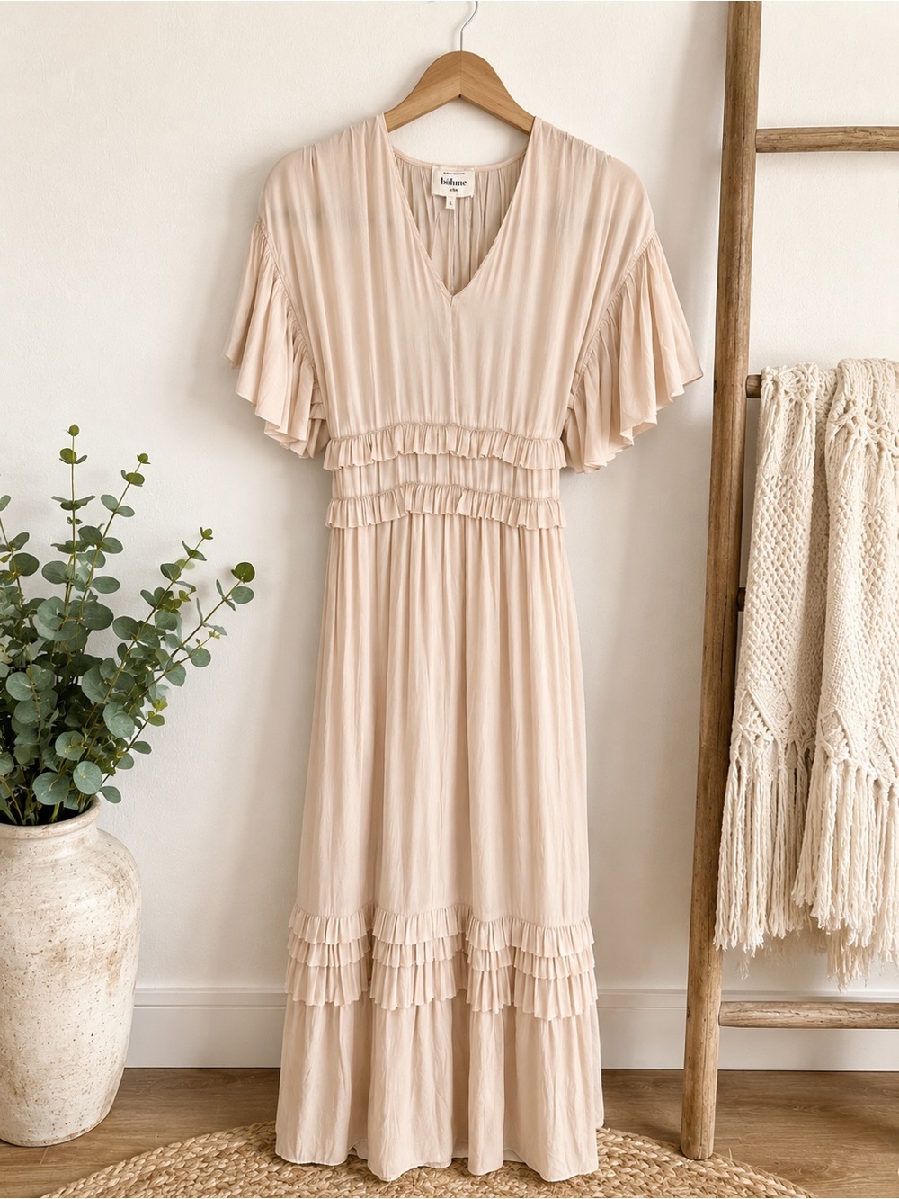 Böhme Willa Ruffle tiered ruffle midi skirt and flutter sleeves dress Small